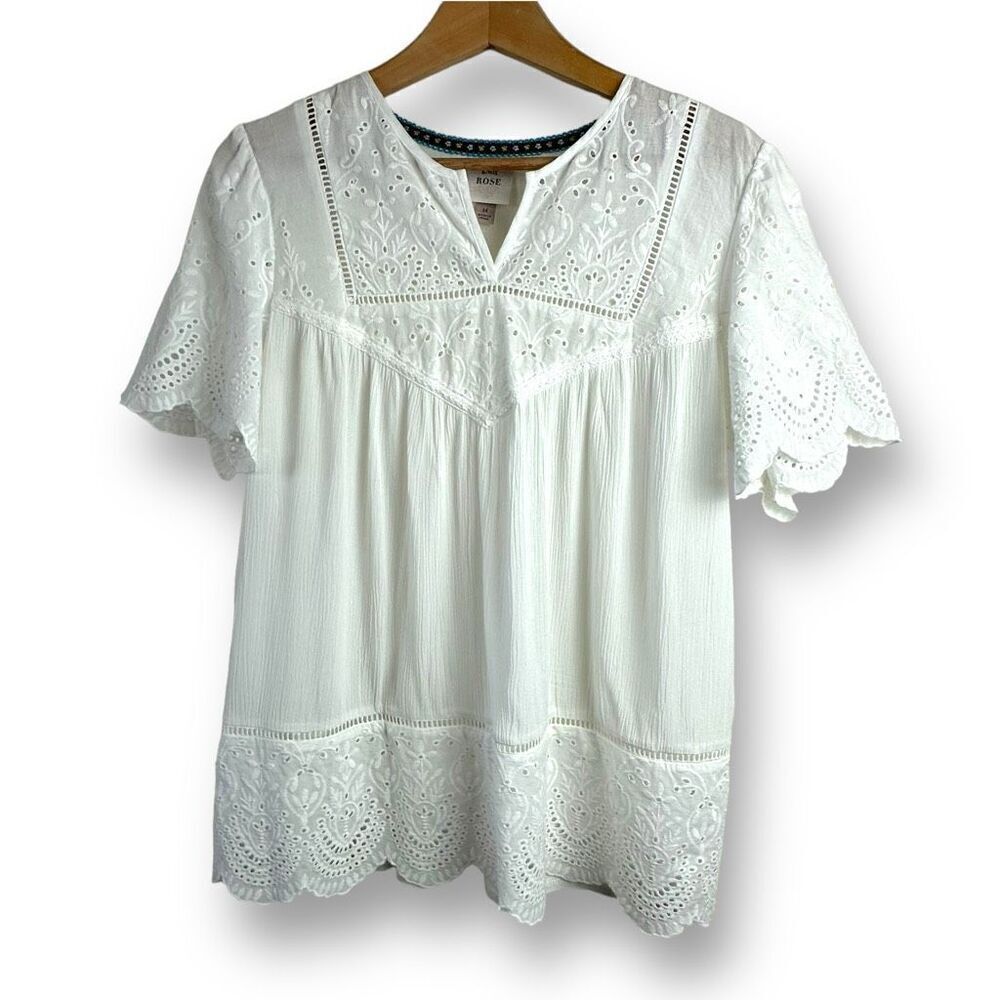 Knox Rose Women's M Eyelet Lace Short Sleeve Blouse White Cotton Coastal Preppy
